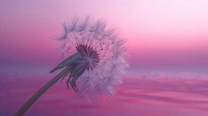   A dandelion in focus against a pastel pink sky, with tranquil water in the foreground