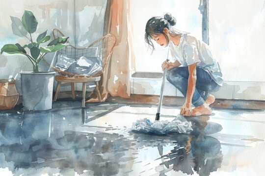 A woman cleaning the floor with a mop, ideal for household cleaning concept