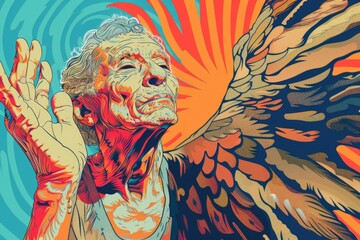 Detailed painting of an elderly woman with wings. Suitable for fantasy themes