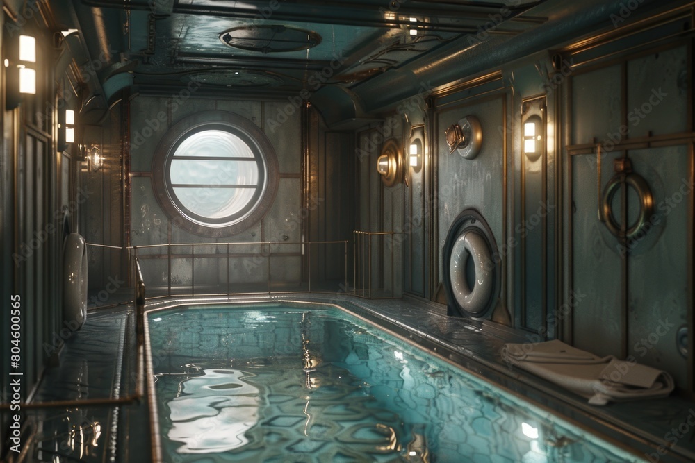 Poster A luxurious indoor pool with a unique round window. Perfect for architectural design concepts