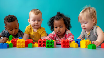 Naklejka premium copy space, stockphoto, some toddlers with different ethnic background playing with building bricks. Cute little playfull toddlers, diversity theme. Young children with different origin. Poster with y