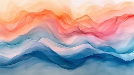 The image is a colorful painting of a mountain range with blue, red