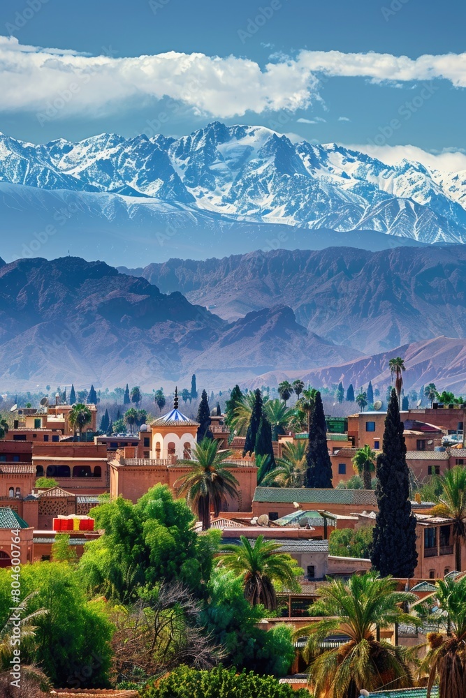 Poster a scenic view of a town with mountains in the background. suitable for travel and tourism concepts