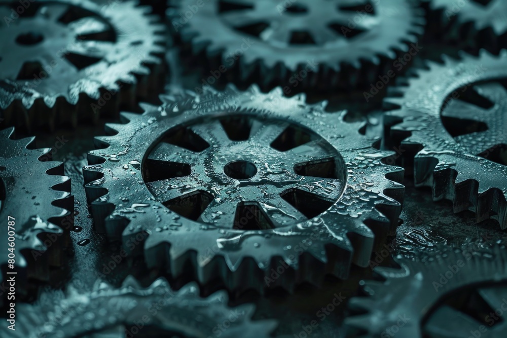 Poster close up of gears on a table. suitable for industrial concepts