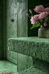 A vase of pink flowers on a green stone ledge next to an open door, AI