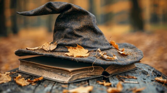 Wizard hat atop open book, symbolizing magic and knowledge for seekers of mystical wisdom