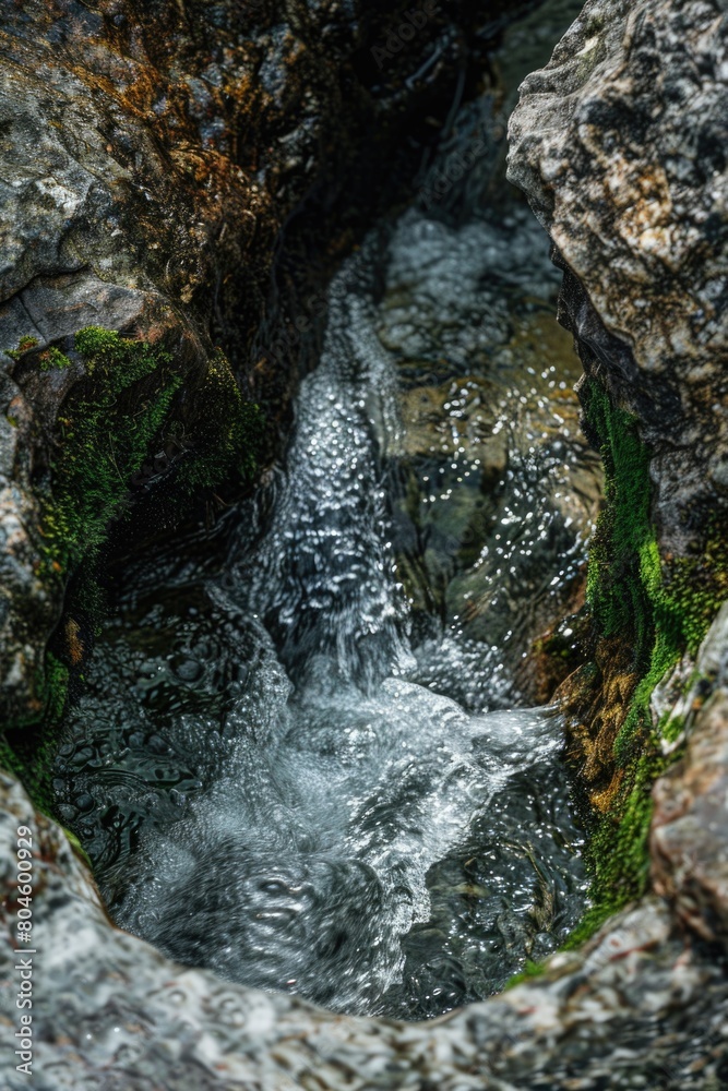 Poster a scenic view of a stream flowing between two rocks. perfect for nature and outdoor themes