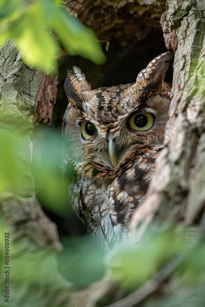 Poster close up of an owl in a tree, suitable for nature themes