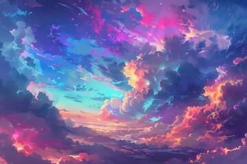 A beautiful painting of a colorful sky with fluffy clouds. Perfect for backgrounds or nature-themed designs