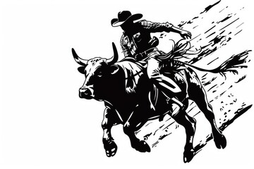 Detailed black and white illustration of a cowboy riding a bull. Suitable for western-themed designs