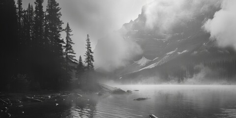 Misty lake scene, ideal for nature-themed projects