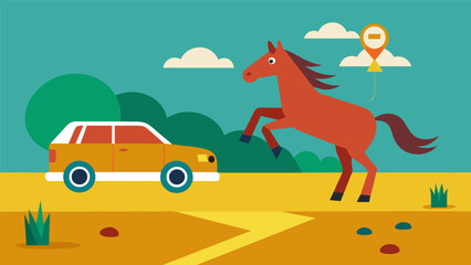 In a rural area a pet horse gets loose and is hit by a car fortunately the driver who received an emergency alert on their navigation system was able. Vector illustration