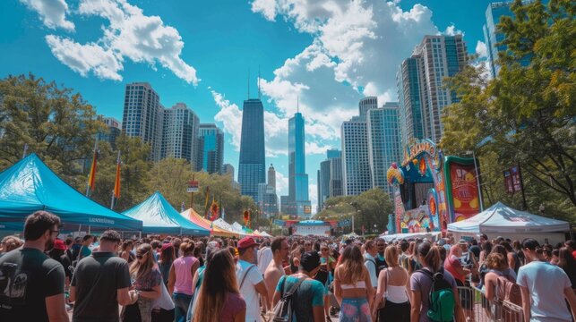 A bustling crowd of diverse people walking and strolling around a city park on a sunny day.