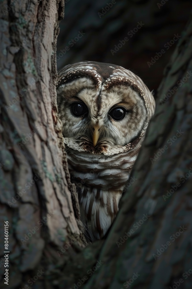 Poster close-up of an owl sitting in a tree, suitable for nature themes