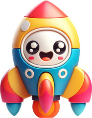 Fototapeta premium Vibrant and cheerful cartoon rocket character with a big smile, designed in bright colors, perfect for inspiring creativity and exploration in children.