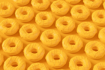 Isometric view of glazed donut with sprinkles on plain monochrome yellow color