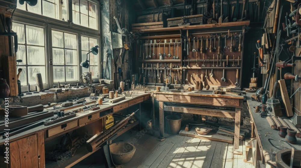 Poster workbench filled with various tools, suitable for diy projects. great for construction or repair con