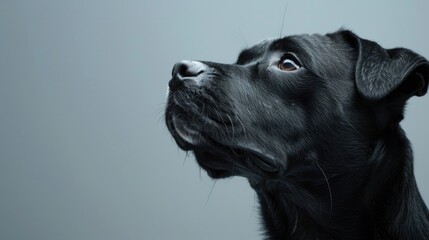Close up of a black dog looking up. Suitable for pet and animal themes - obrazy, fototapety, plakaty