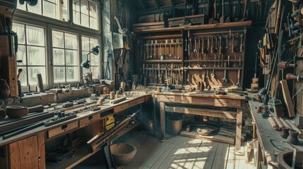 Workbench filled with various tools, suitable for DIY projects. Great for construction or repair concepts