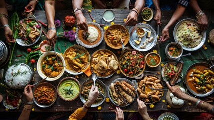 A group of people sitting around a table laden with various dishes of food, enjoying a meal together.