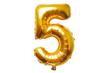 isolated golden balloon number 5 for celebration on transparent background. balloon in the shape of...