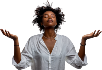 Afro-American woman with open arms and palms up in a white shirt cut out on transparent background