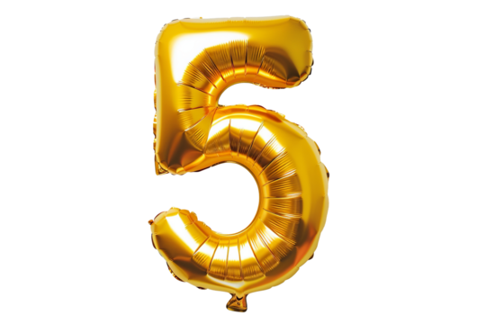 isolated golden balloon number 5 for celebration on transparent background. balloon in the shape of the number five