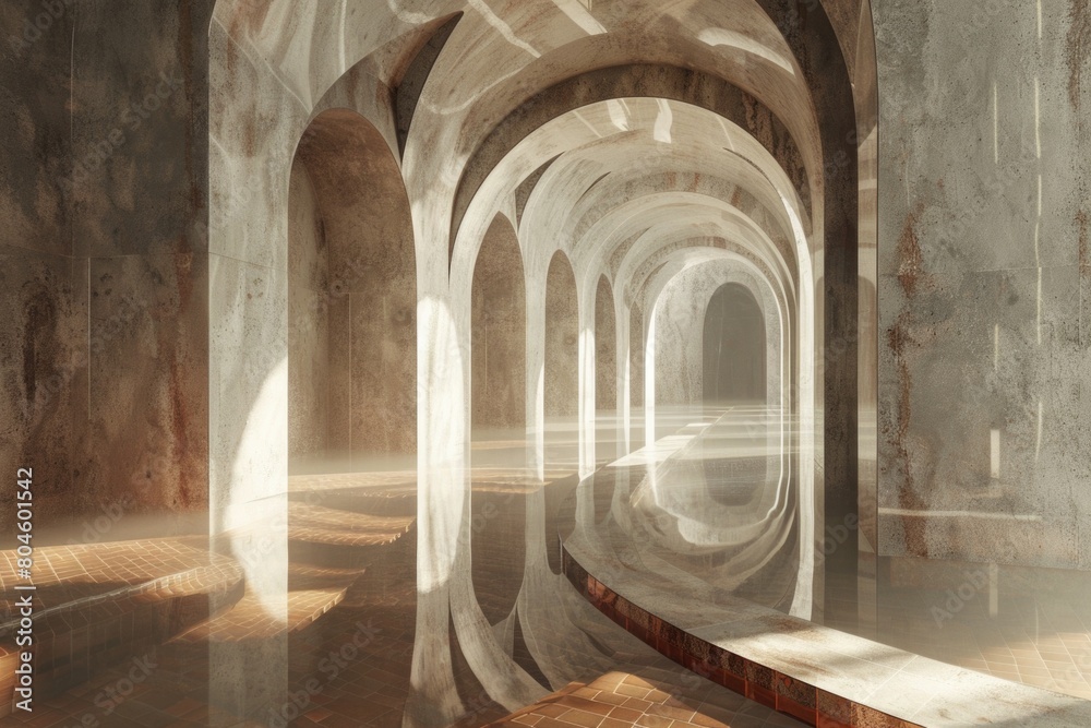 Poster interior view of a room with arches and a brick floor. ideal for architectural design projects