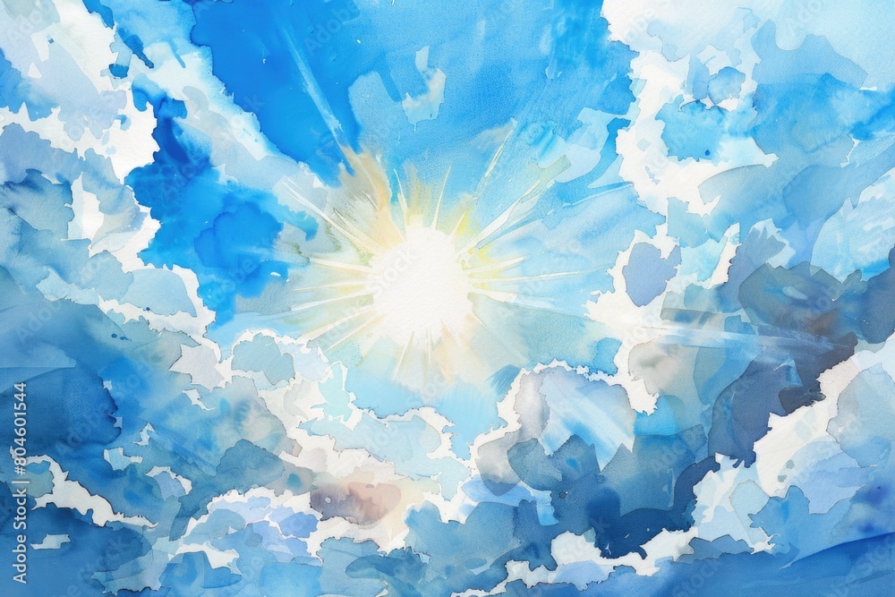 Poster a beautiful painting of the sun shining through the clouds. suitable for various design projects