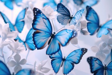 A group of blue butterflies flying gracefully in the air. Perfect for nature and wildlife themes