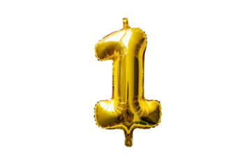 isolated golden balloon number 1 for celebration on transparent background. balloon in the shape of the number one
