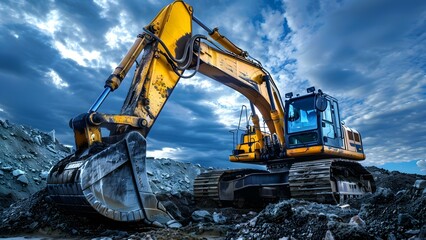 An old yellow excavator navigating rugged terrain with an extended arm reaching downward. Concept Heavy machinery, Yellow excavator, Rugged terrain, Extended arm, Industrial equipment