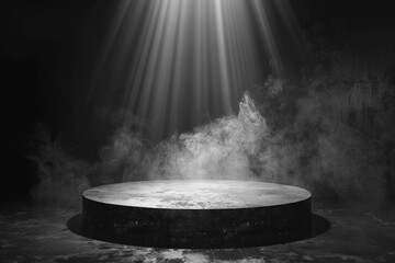 A black and white photo of a stage with smoke, suitable for music or theater themes