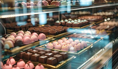 Assorted chocolates in display case