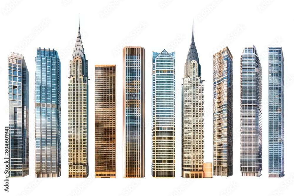 Poster a group of tall buildings with clocks, suitable for cityscape concepts