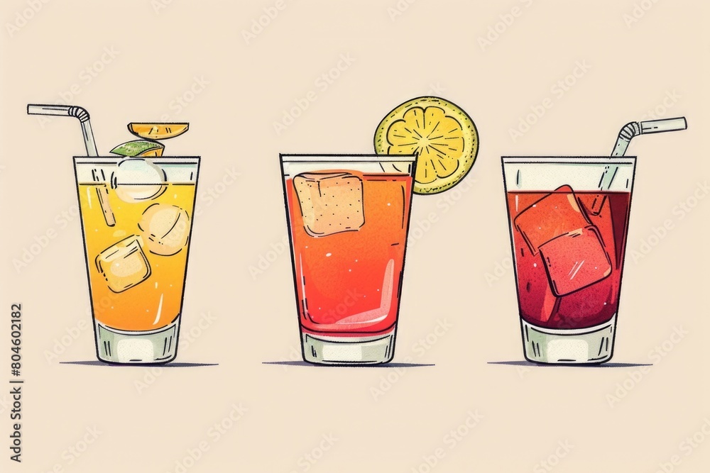 Poster three glasses filled with different types of drinks. suitable for food and beverage concepts
