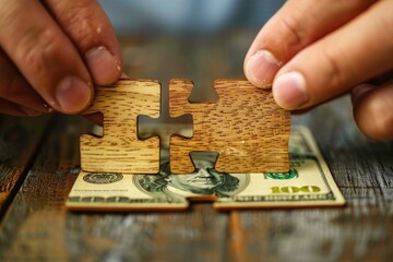 A person placing a puzzle piece on top of a hundred dollar bill. Suitable for financial concepts