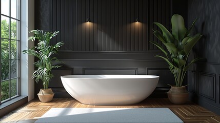A modern bathroom interior features a white bathtub, chic vanity, black walls, parquet floor, plants, wooden wall panel, and natural lighting in this 3D rendering.