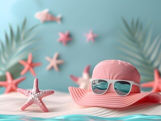 3D scene background of holiday at the beach, decoration with pink beach hat and sunglasses