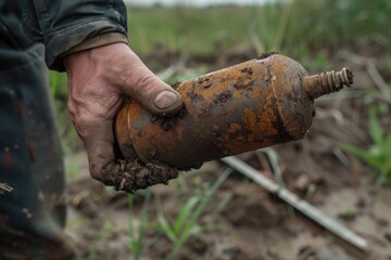 A man holding a rusty pipe in a field. Suitable for industrial and construction themes