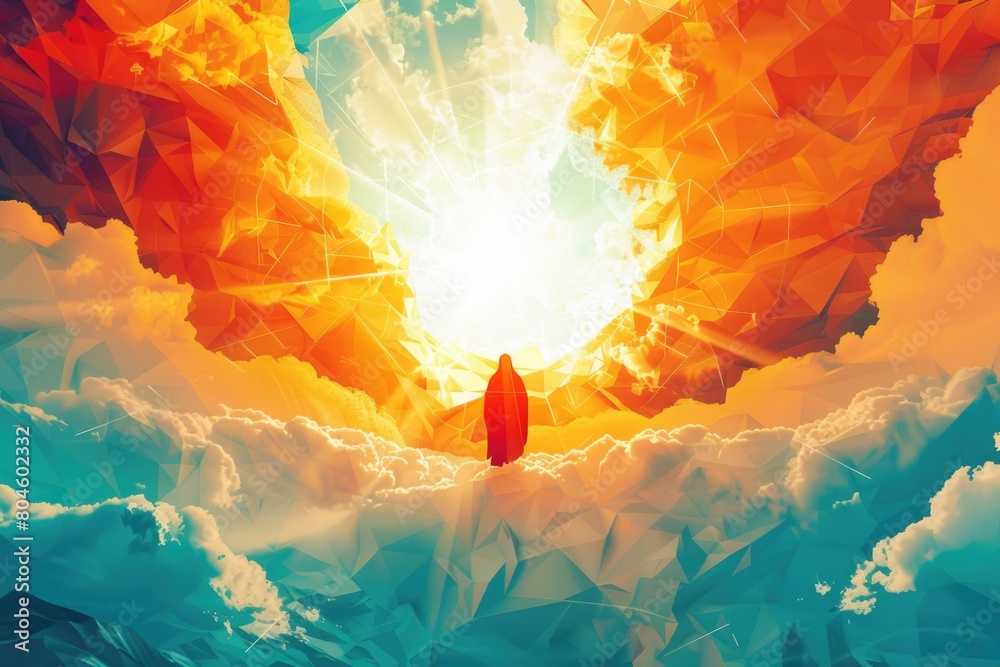 Poster a person standing in the middle of a cloud-filled sky. suitable for inspirational or dreamy concepts
