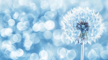   A tight shot of a dandelion against a backdrop of blue and white blurred lights