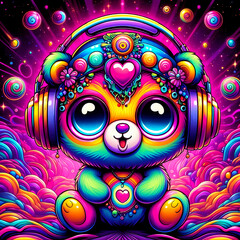 digital art vibrant colorful psychedelic chibi eyed teddy bear with headphones vibin to music