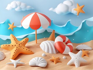 3D scene with beach background with waves, cheerful decorations