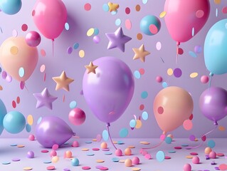 background of 3d illustration of balloon decoration and round confetti