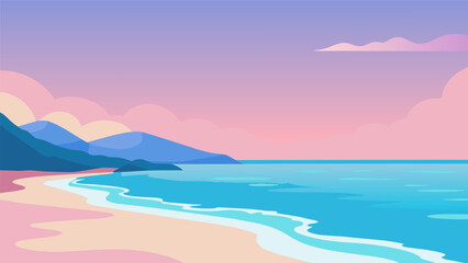 A serene beachscape featuring pastel blue ocean waters and a pastel pink sunset crafted with soft pastels..