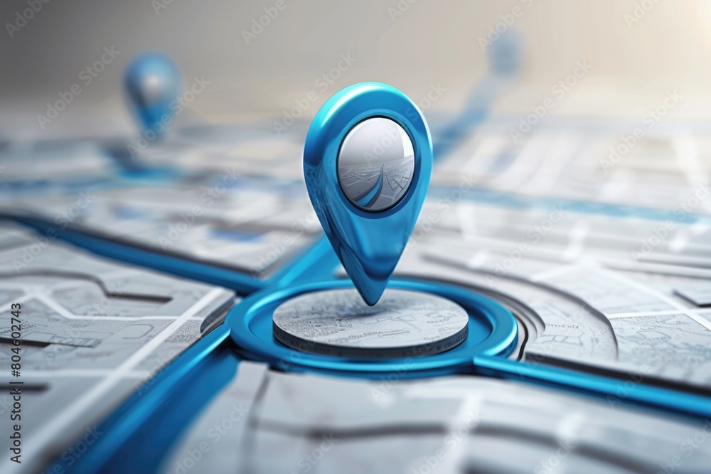 Poster Close up of a blue pin on a map, useful for travel and navigation concepts