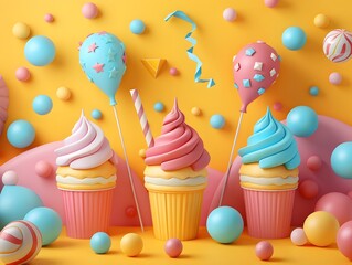 3d illustration of festive cupcakes and balloons for party background