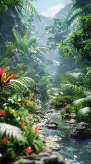 Embrace the essence of world news through a digital masterpiece, infusing wildlife photography elements with CG 3D techniques Showcasing unexpected camera angles, depict a serene jungle scene entwined