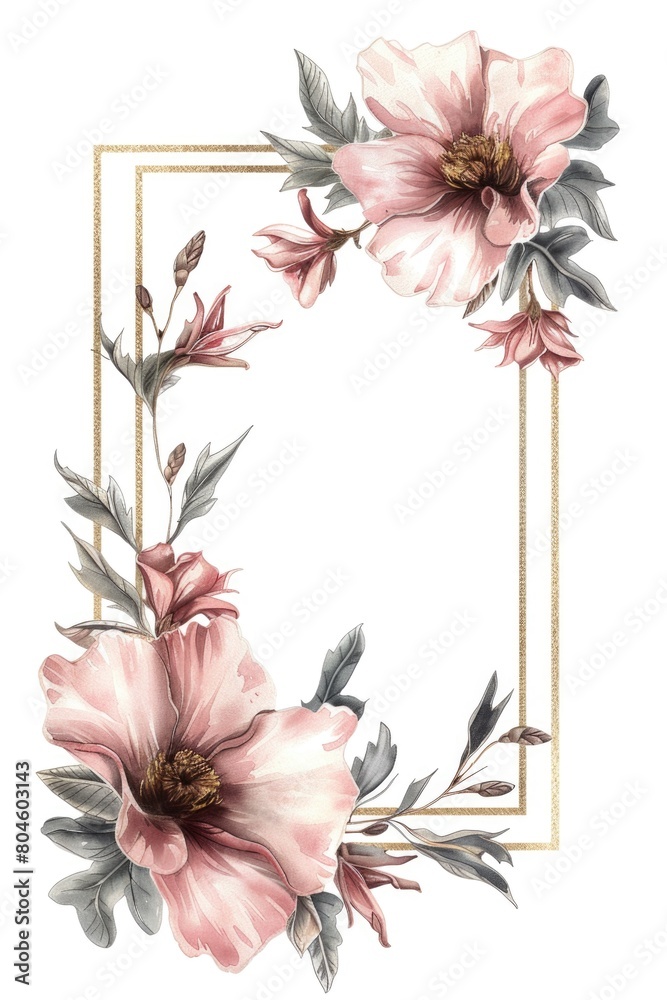 Poster pink flowers arranged in a frame on a white background, suitable for various design projects